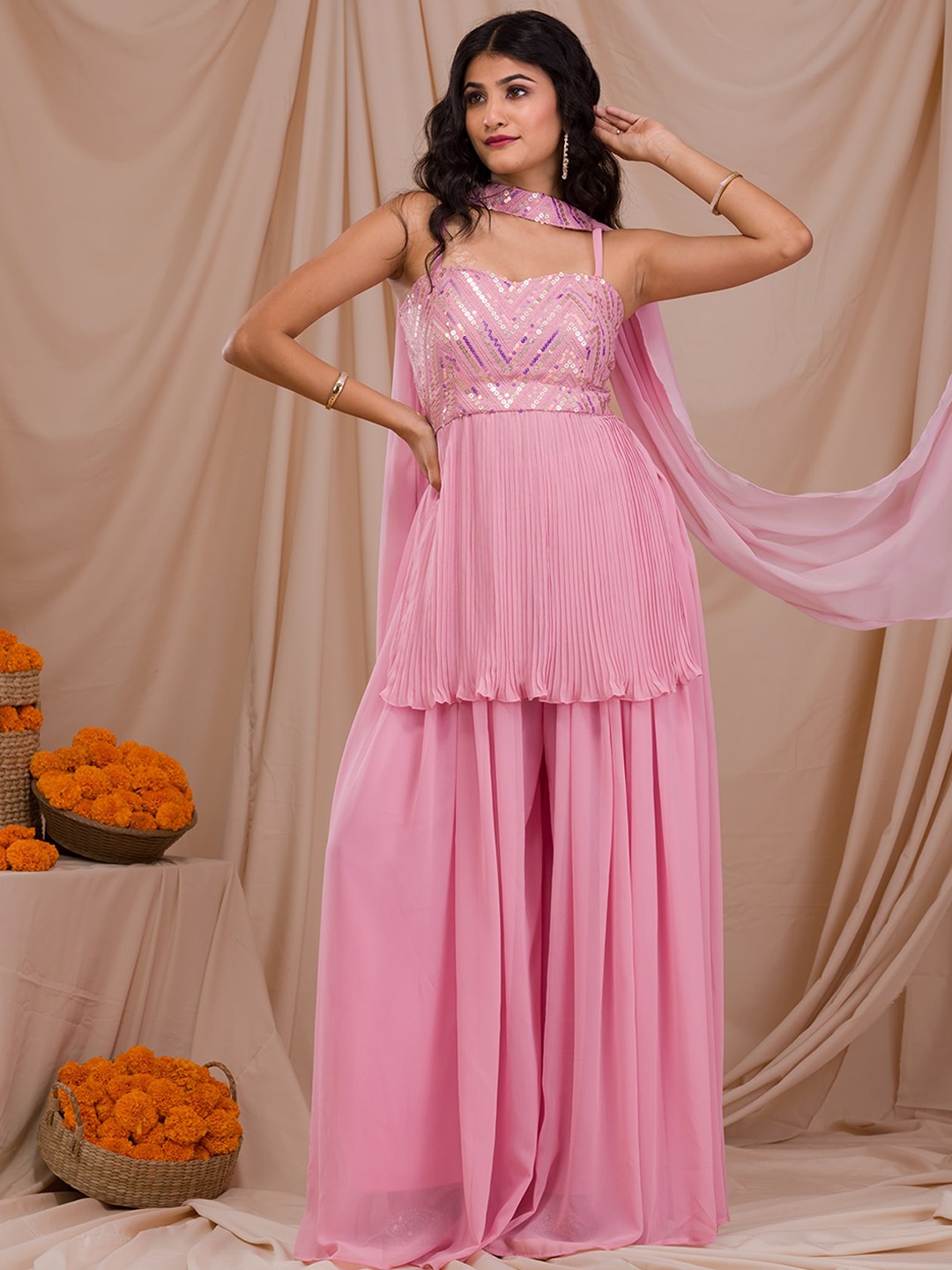 

Koskii Embroidered High Slit Sequinned Kurti with Palazzos & With Dupatta, Pink