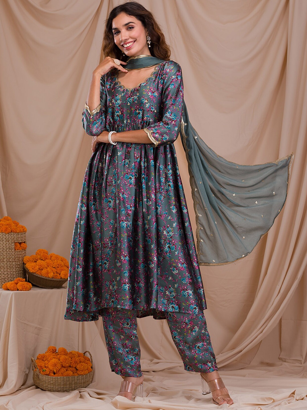 

Koskii Floral Printed Empire Sequinned Kurta with Trousers & Dupatta, Blue