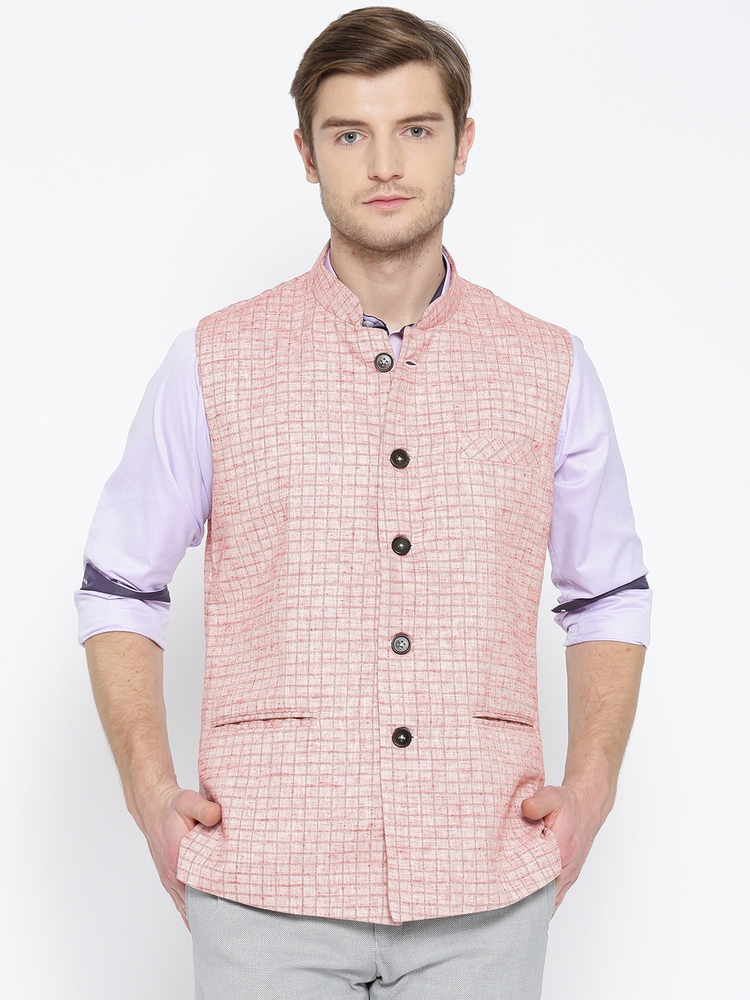 

Shaftesbury London Pink Self-Checked Nehru Jacket
