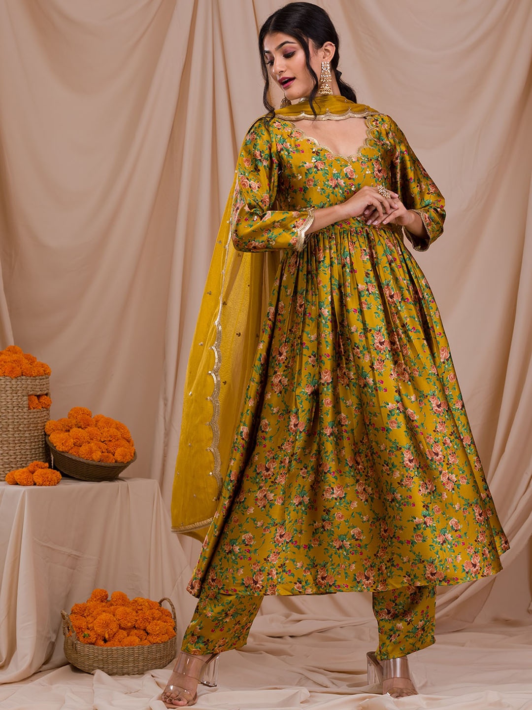 

Koskii Floral Printed Empire Sequinned Kurta with Salwar & Dupatta, Mustard
