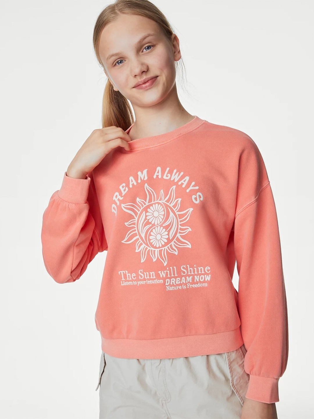 Marks & Spencer Girls Printed Pullover Sweatshirt, Coral
