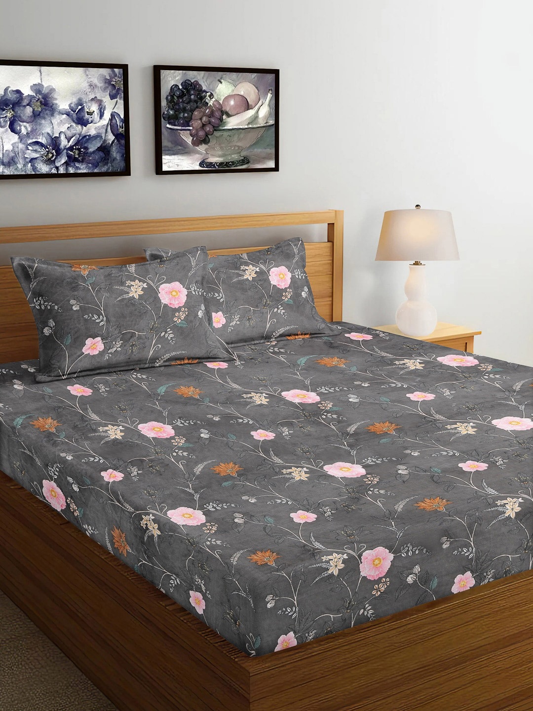 

FABINALIV Grey & Pink Floral 300 TC Fitted King Bedsheet With 2 Pillow Covers