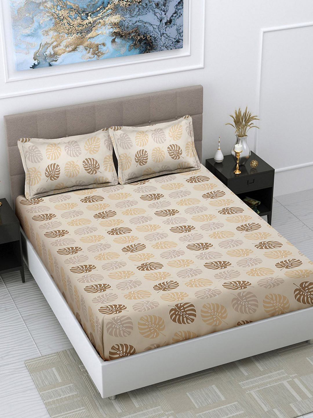 

FABINALIV Beige & Brown Floral 300 TC Fitted King Bedsheet With 2 Pillow Covers