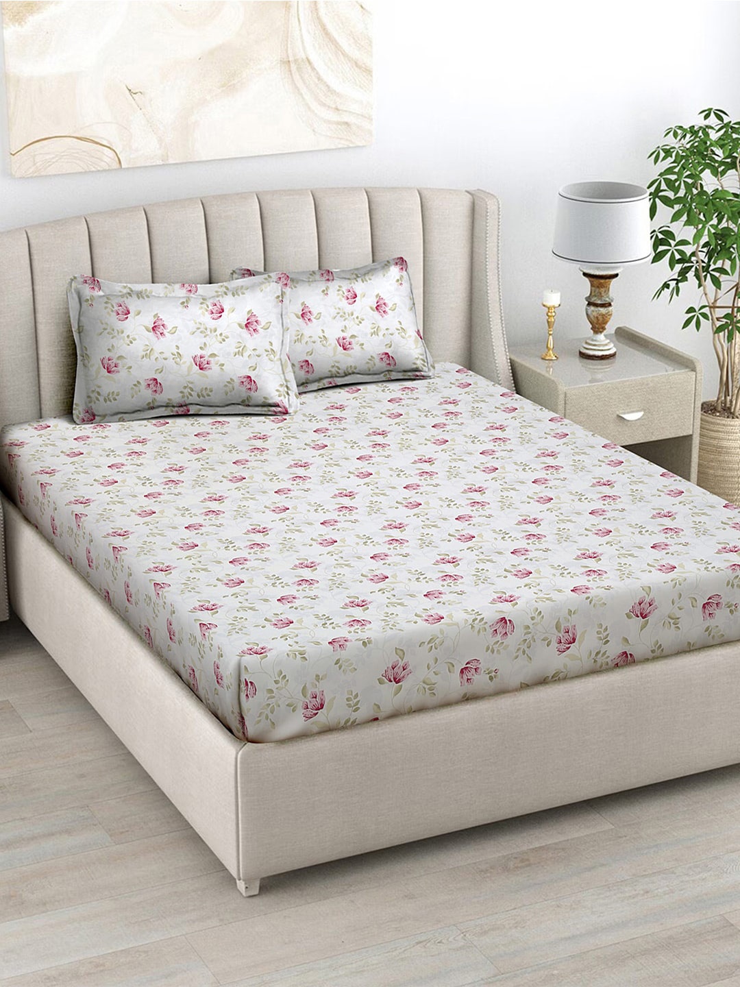 

FABINALIV White & Pink Floral Print 300 TC Fitted King Bedsheet & 2 Pillow Covers