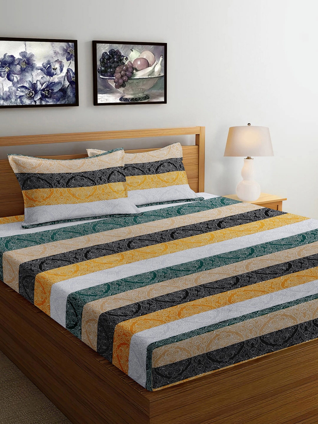 

FABINALIV White & Green Striped 300 TC Fitted King Bedsheet with 2 Pillow Covers