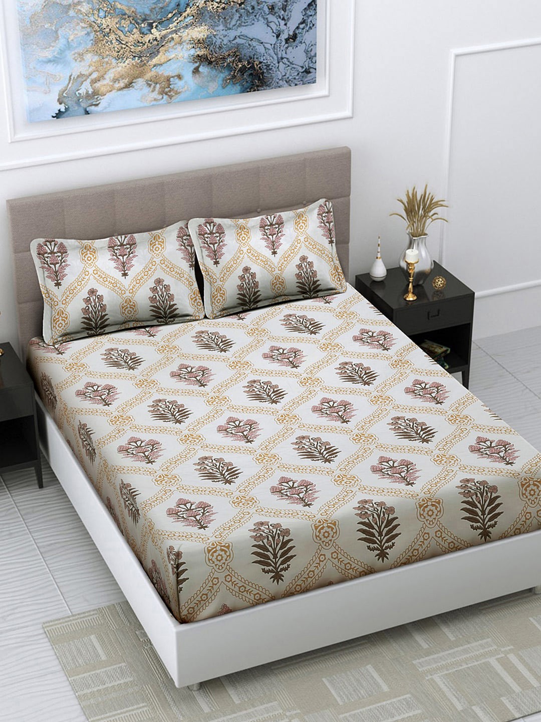 

FABINALIV Cream & Brown Floral 300 TC Fitted King Bedsheet With 2 Pillow Covers