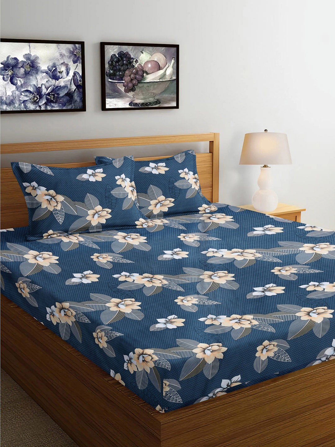 

FABINALIV Blue & Grey Floral Print 300 TC Fitted King Bedsheet & 2 Pillow Covers