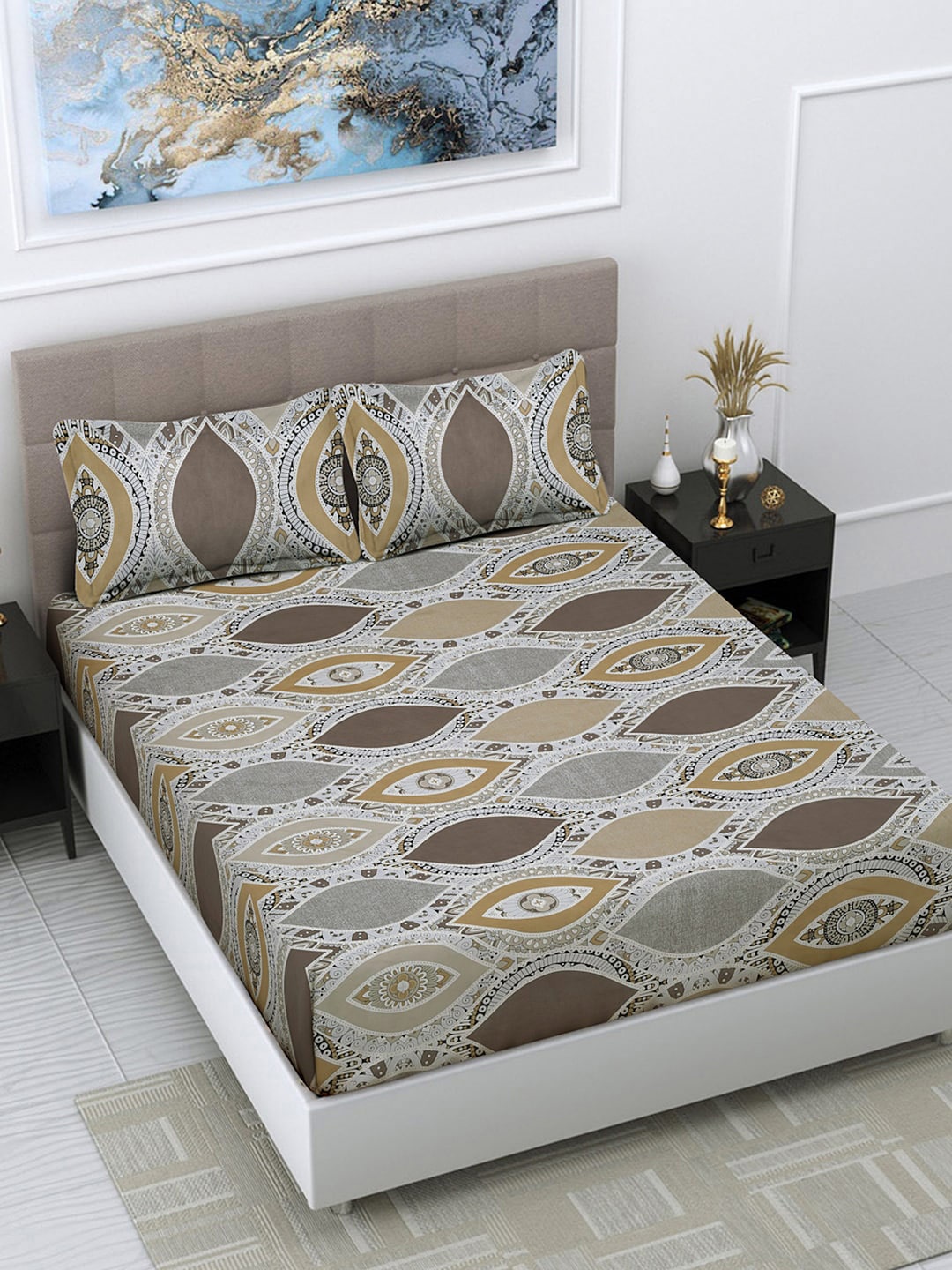 

FABINALIV Grey & Brown Ethnic Motifs Print 300 TC Fitted King Bedsheet & 2 Pillow Covers