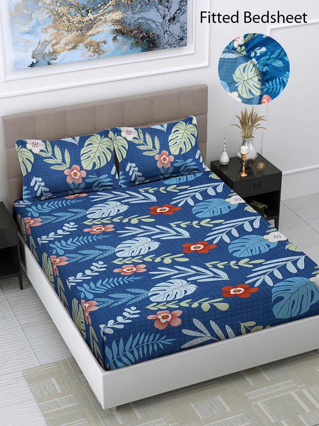 

FABINALIV Blue & Green Floral Print 300 TC Fitted King Bedsheet & 2 Pillow Covers