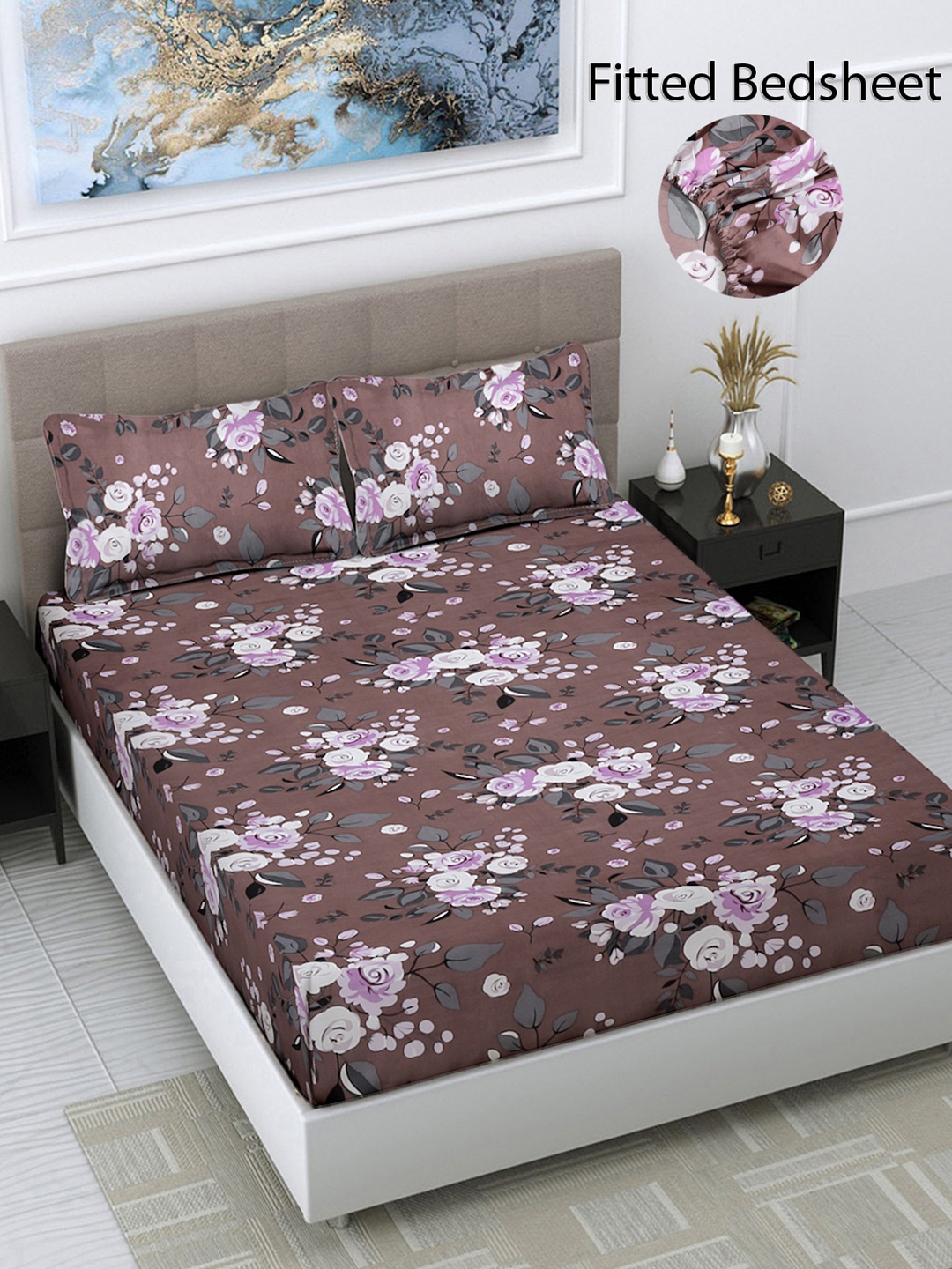 

FABINALIV Brown & Pink Floral Print 300 TC Fitted King Bedsheet & 2 Pillow Covers