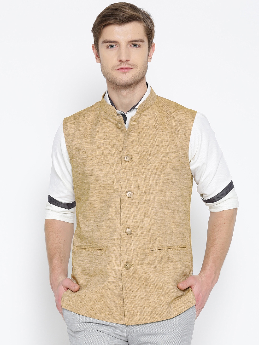 

Shaftesbury London Beige Pure Cotton Nehru Jacket