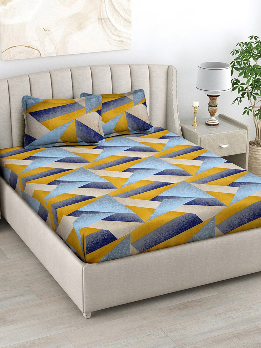 

FABINALIV Yellow & Blue Geometric Print 300 TC Fitted King Bedsheet & 2 Pillow Covers