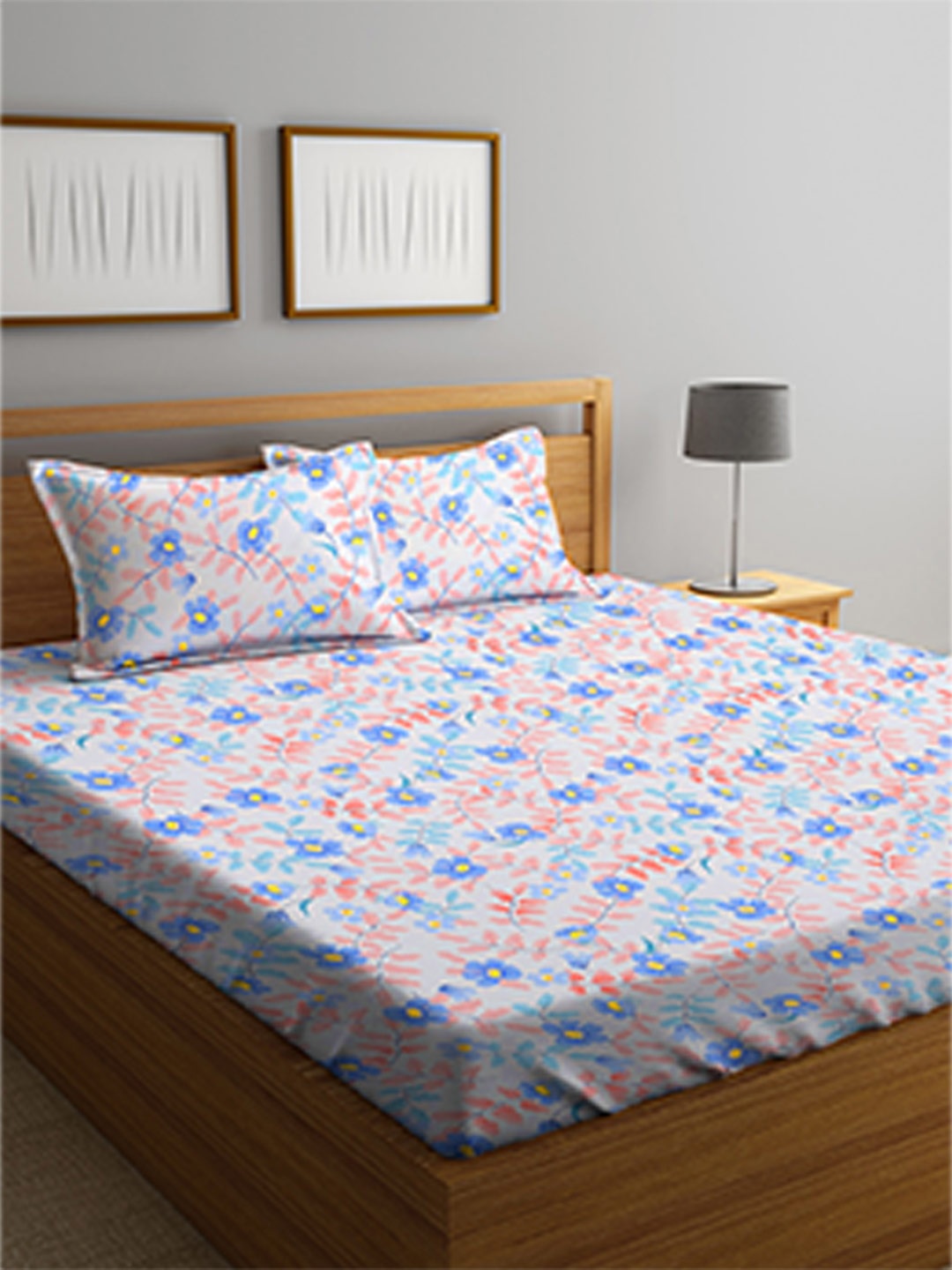 

FABINALIV White & Blue Floral Print 300 TC Fitted King Bedsheet & 2 Pillow Covers