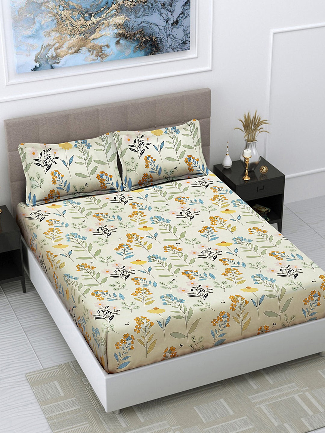 

FABINALIV Green & Blue Floral Print 300 TC Fitted King Bedsheet & 2 Pillow Covers