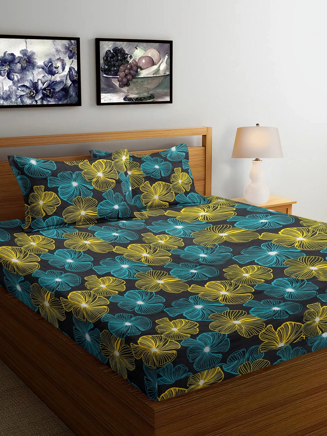 

FABINALIV Green & Yellow Floral 300 TC Fitted King Bedsheet with 2 Pillow Covers