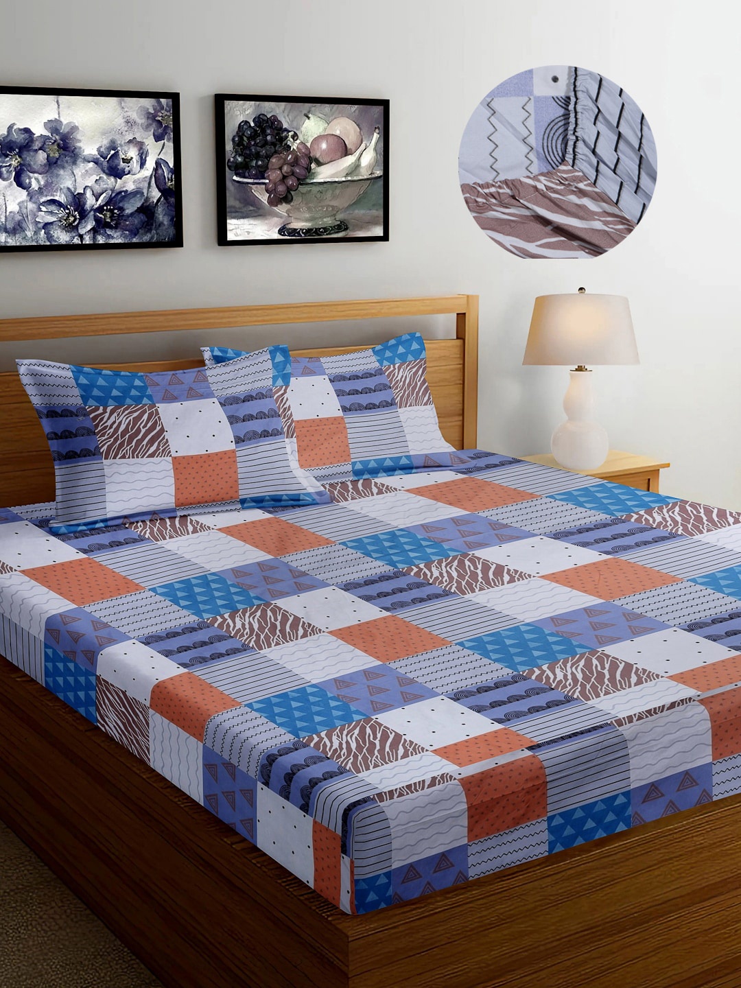 

FABINALIV White & Blue Geometric Print 300 TC Fitted King Bedsheet & 2 Pillow Covers
