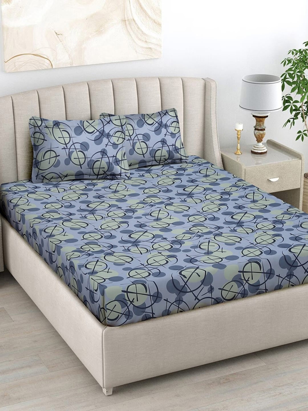 

FABINALIV Blue & Green Abstract Print 300 TC Fitted King Bedsheet & 2 Pillow Covers
