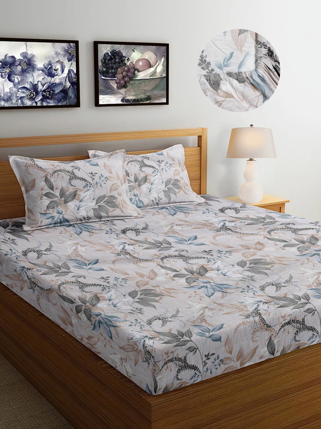 

FABINALIV Grey & Blue Floral 300 TC Fitted King Bedsheet With 2 Pillow Covers