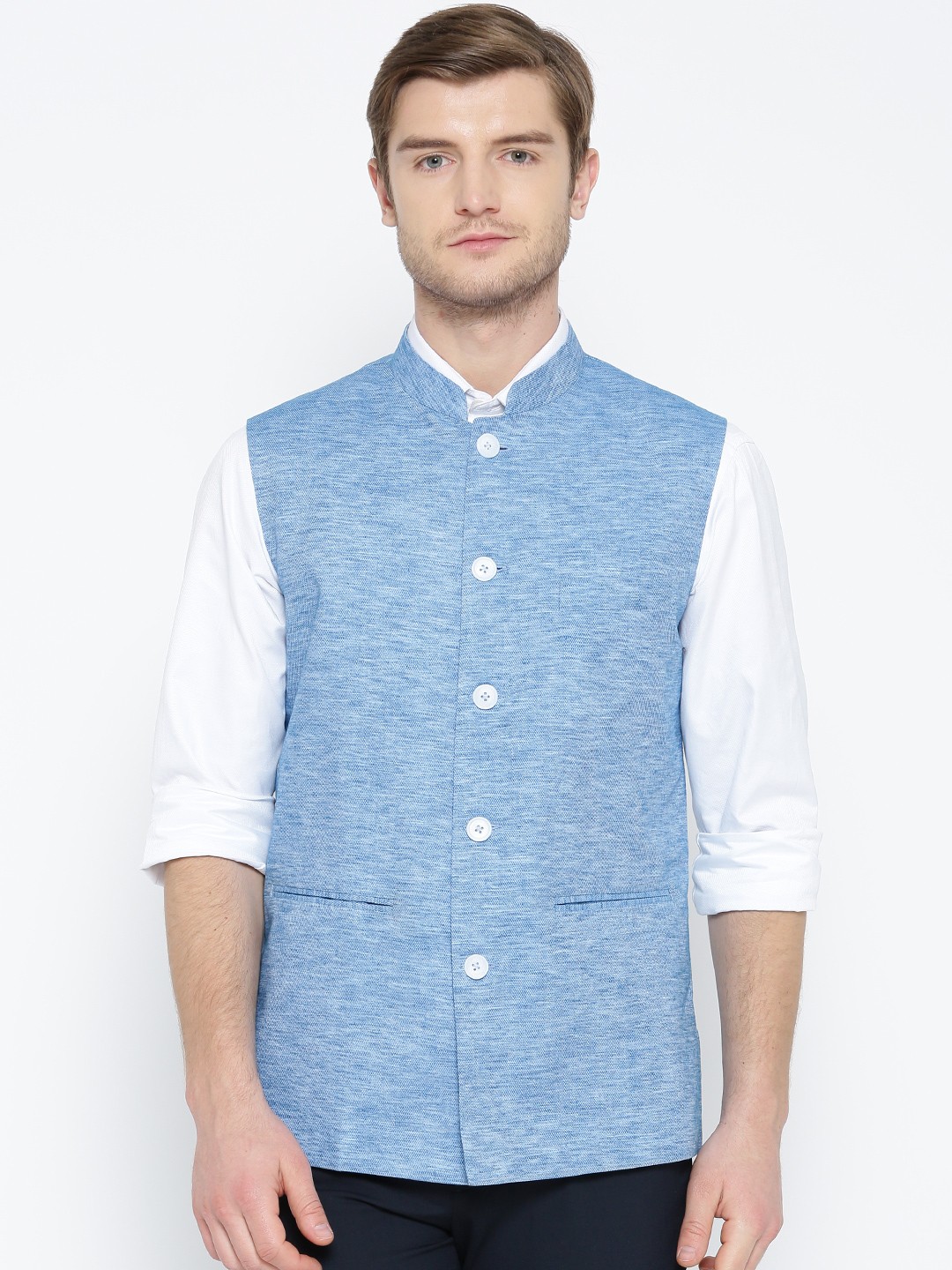 

Shaftesbury London Blue Solid Nehru Jacket