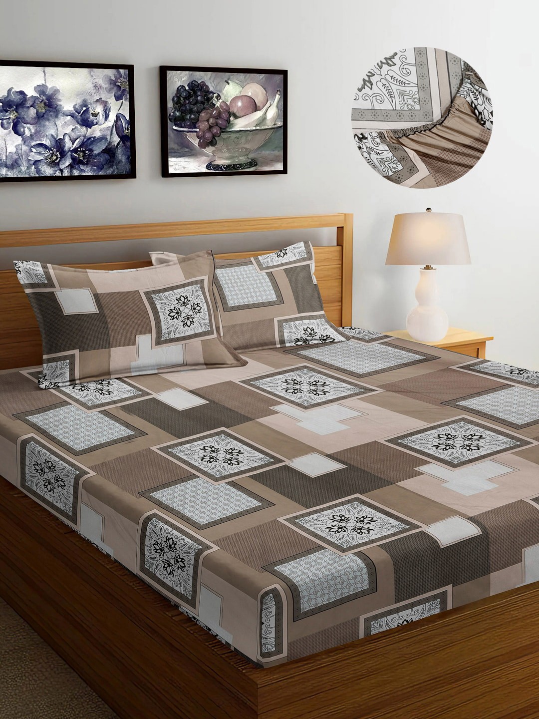 

FABINALIV Brown & White Geometric Print 300 TC Fitted King Bedsheet & 2 Pillow Covers