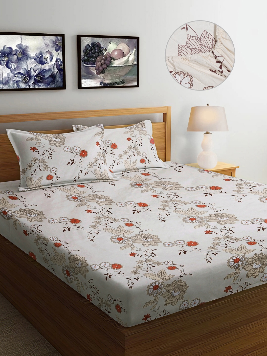 

FABINALIV Cream & Orange Floral Print 300 TC Fitted King Bedsheet & 2 Pillow Covers