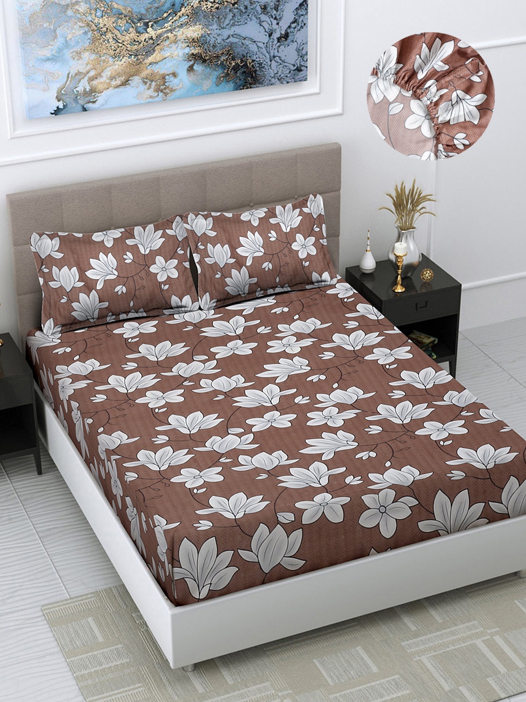 

FABINALIV Brown & White Floral Print 300 TC Fitted King Bedsheet & 2 Pillow Covers