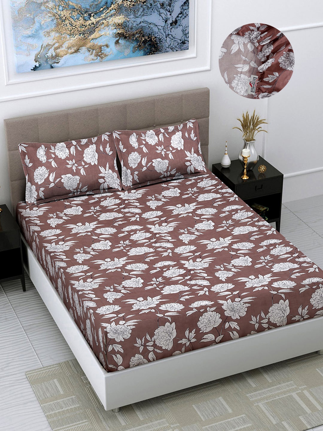 

FABINALIV Brown & White Floral Print 300 TC Fitted King Bedsheet & 2 Pillow Covers