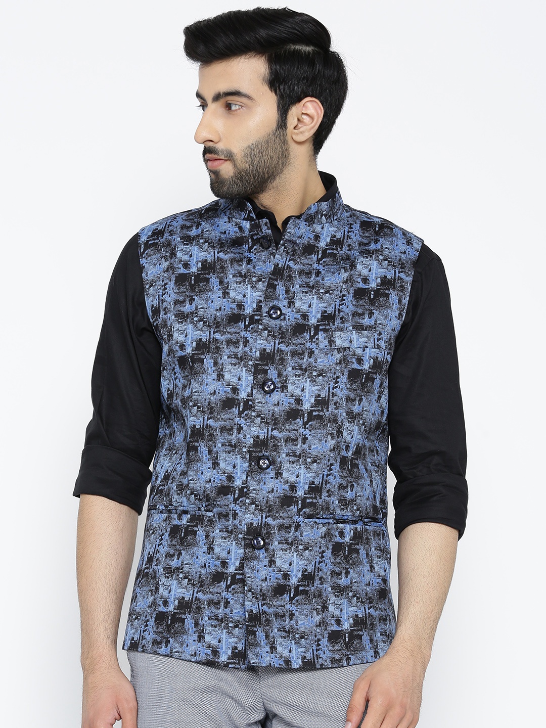 

Shaftesbury London Black & Blue Printed Pure Cotton Nehru Jacket