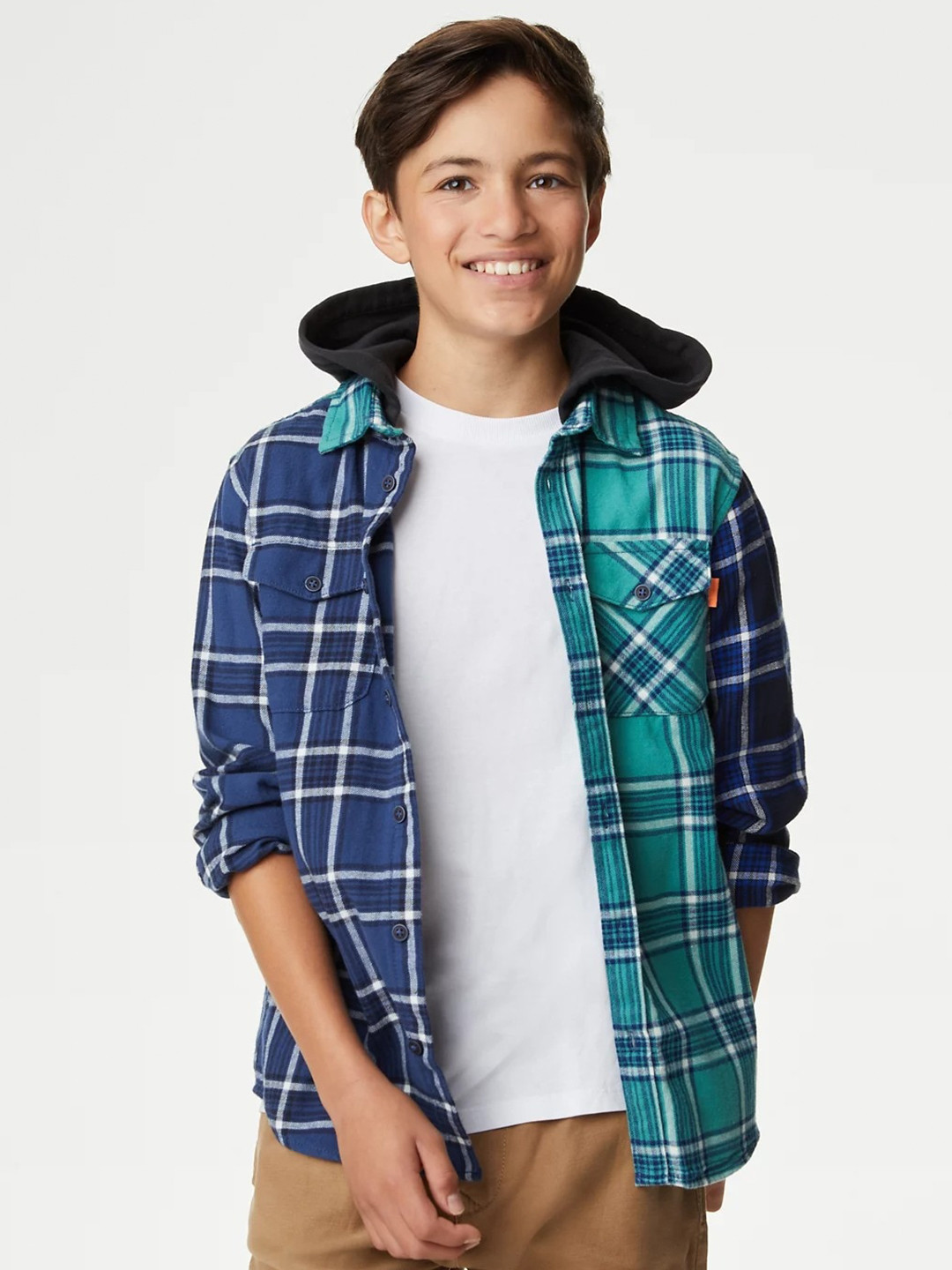 

Marks & Spencer Boys Tartan Checked Hooded Casual Pure Cotton Shirt, Blue
