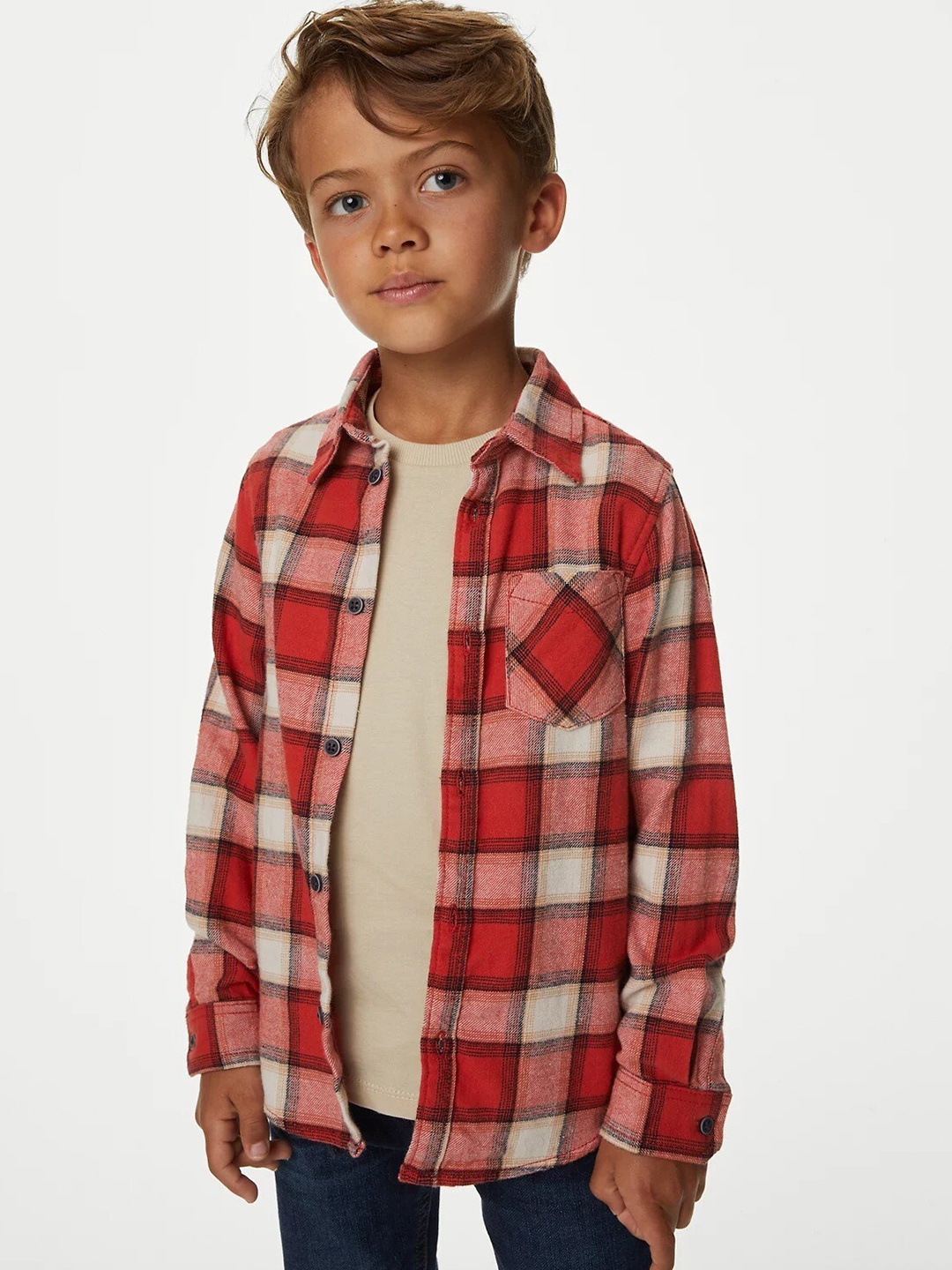 

Marks & Spencer Boys Tartan Checked Casual Pure Cotton Shirt, Red