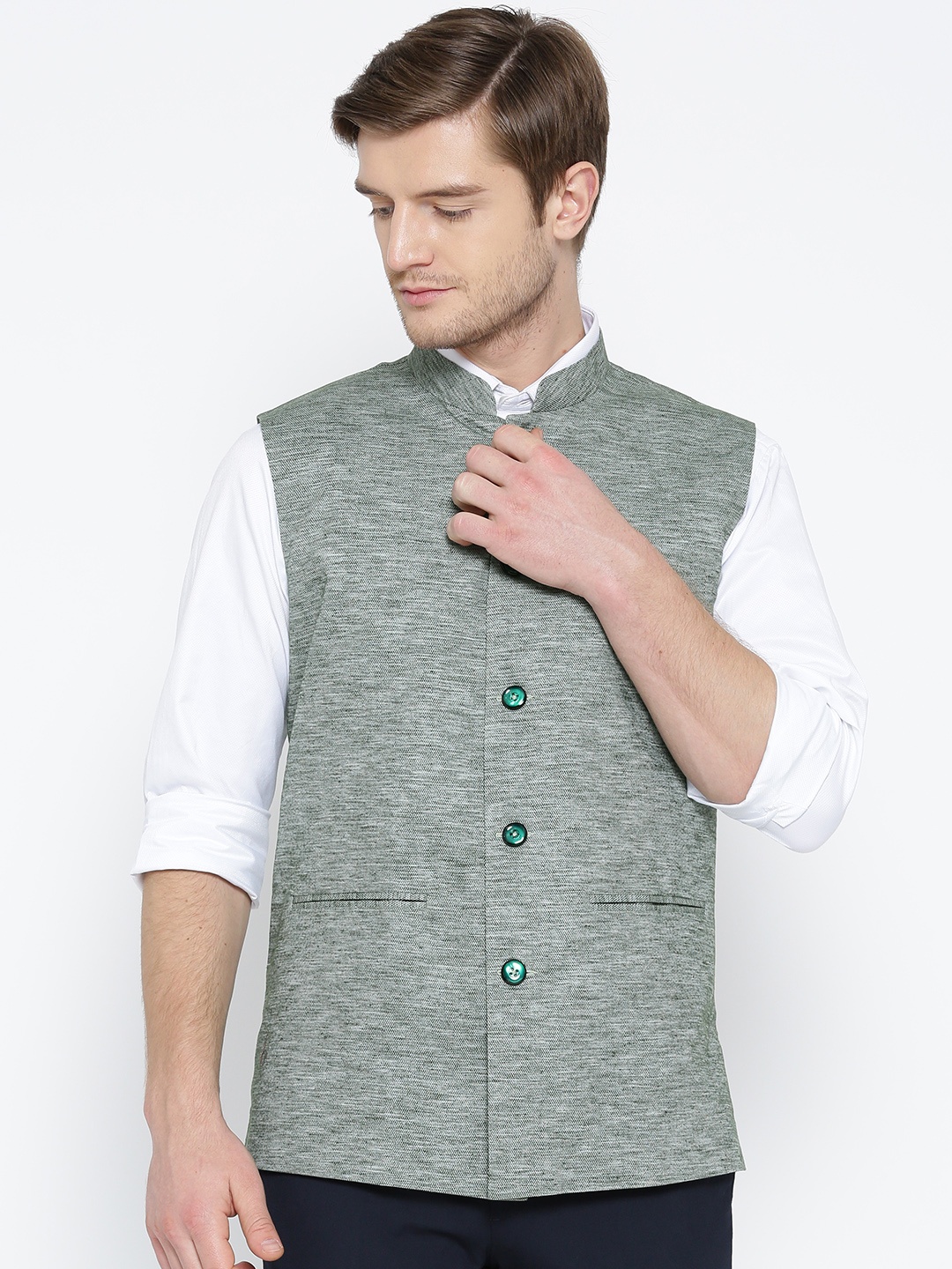 

Shaftesbury London Green Woven-Design Nehru Jacket