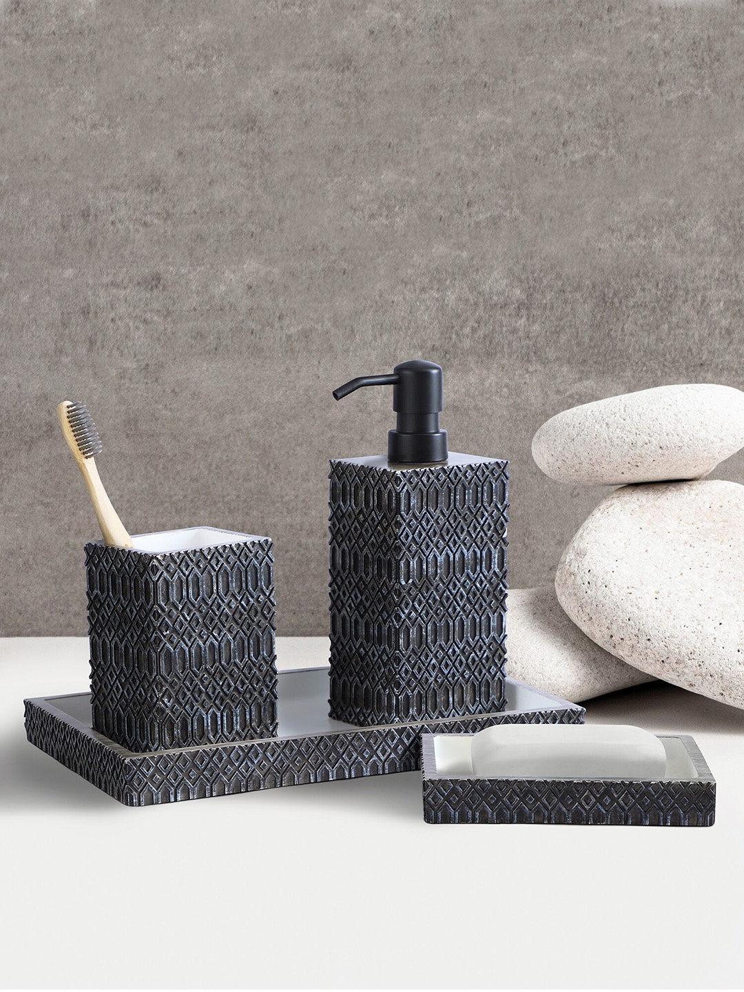 

OBSESSIONS Charcoal Grey 4-Pieces Textured Classic Bathroom Accessories Set