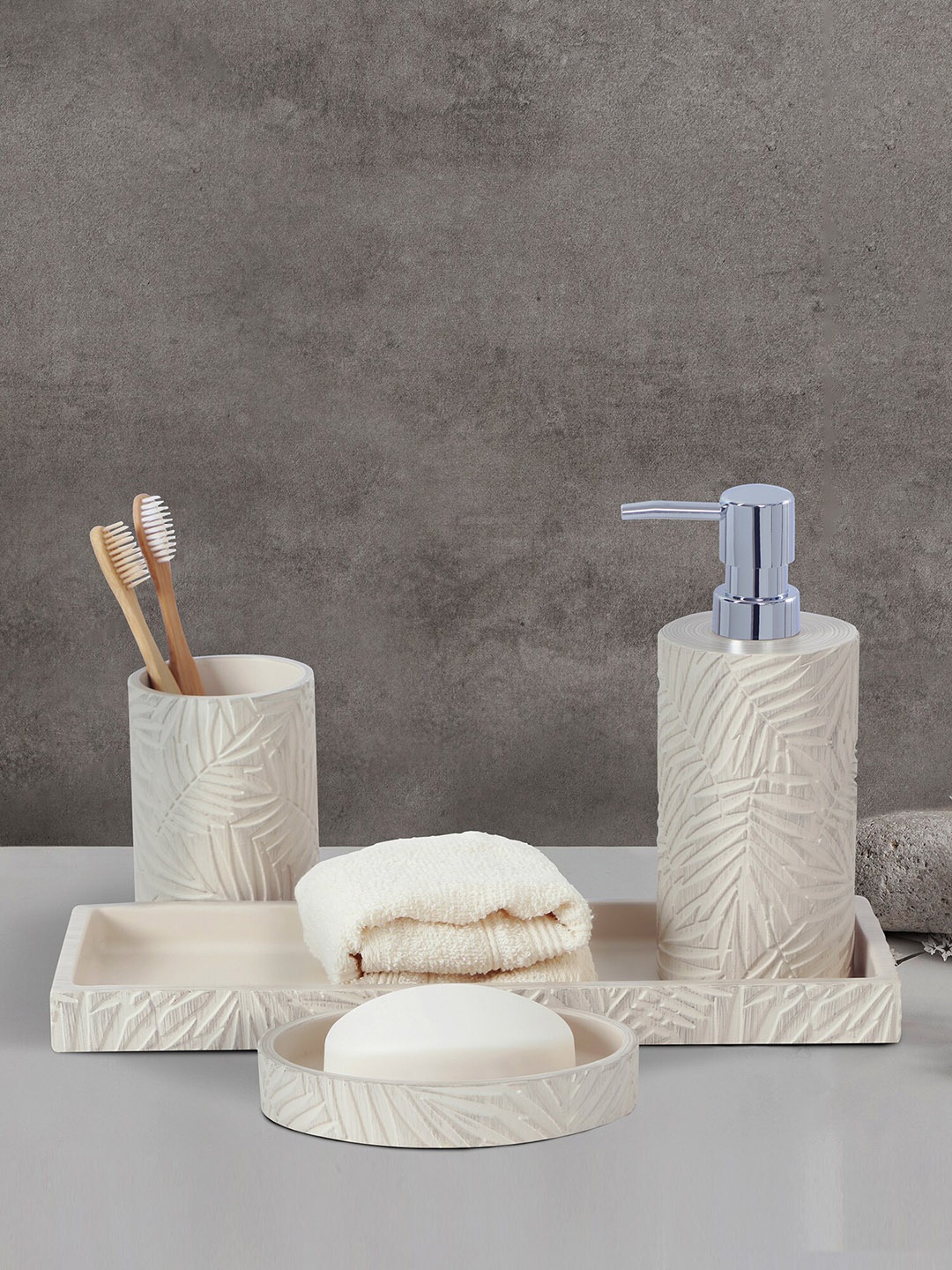 

OBSESSIONS Beige 4-Pieces Textured Classic Bathroom Accessories Set