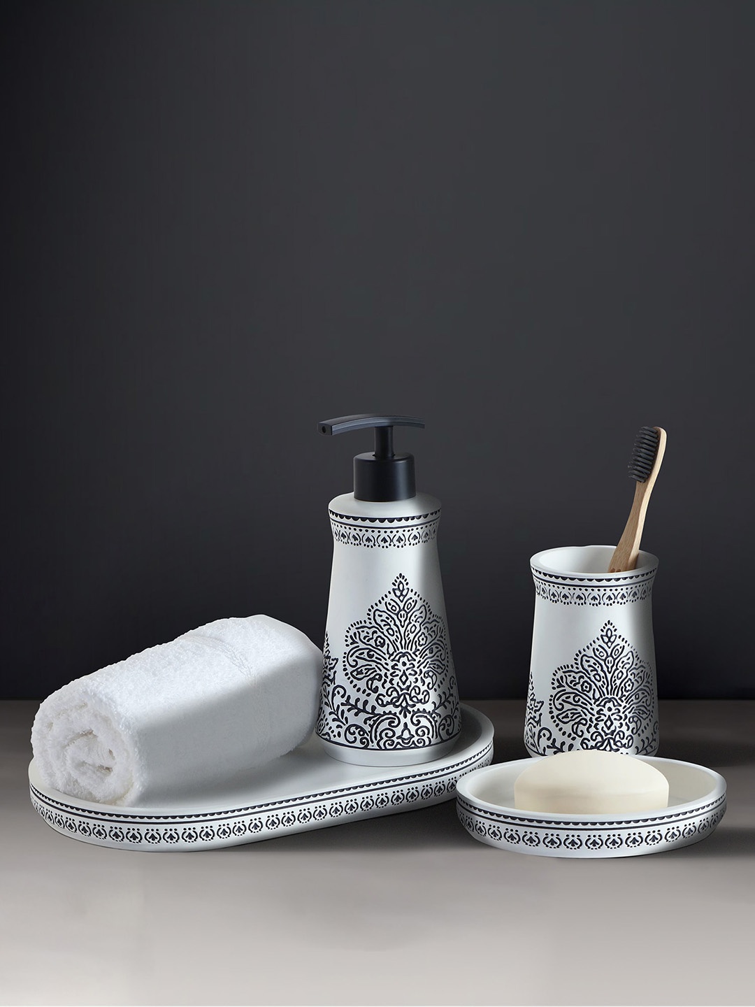 

OBSESSIONS White & Black 4-Pieces Ethnic Motifs Classic Bathroom Accessories Set
