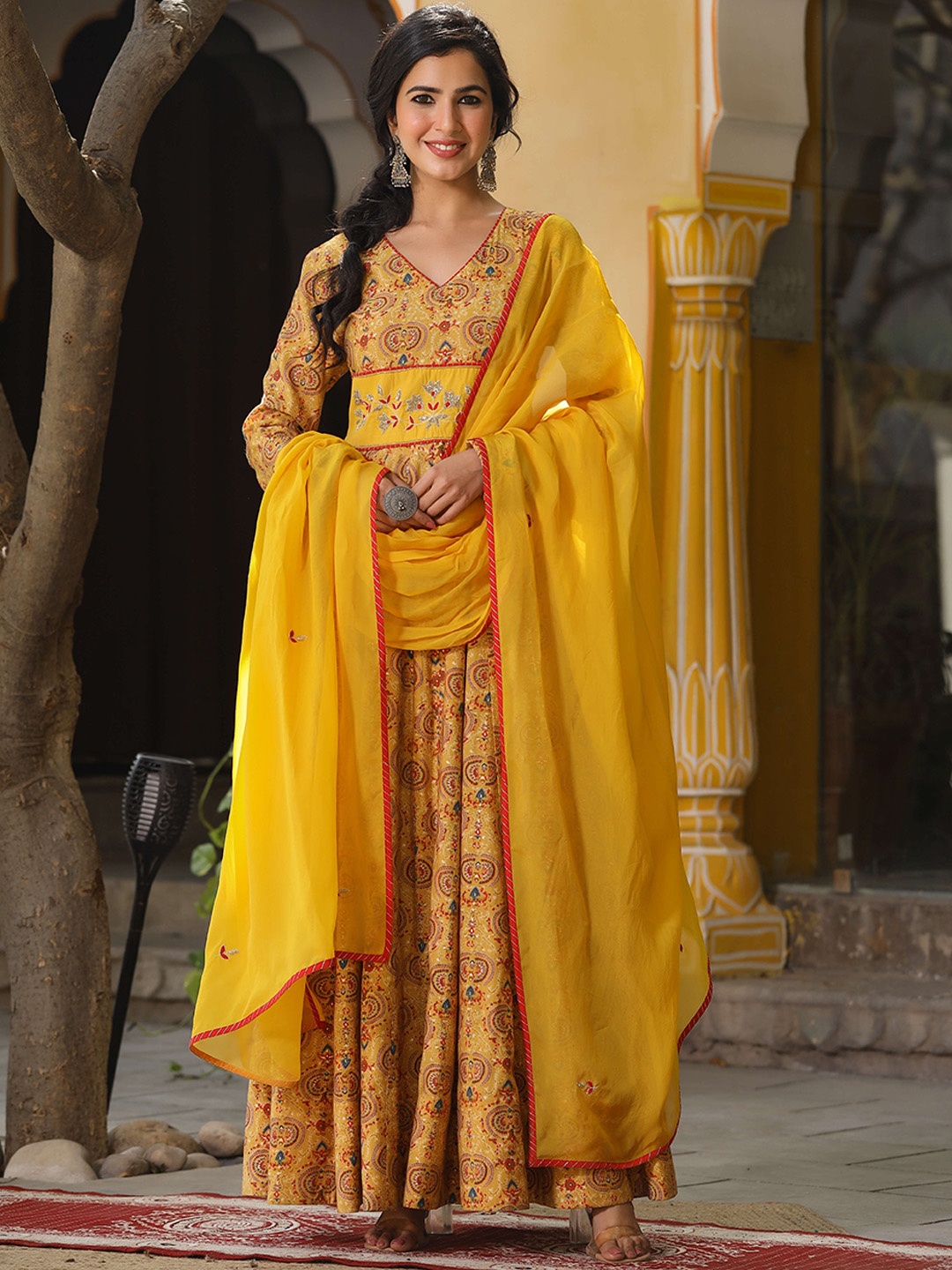 

Rangeelo Ethnic Motifs Printed V-Neck Silk Fit and Flare Maxi Ethnic Dresses with Dupatta, Mustard