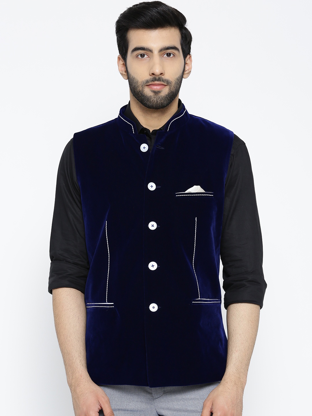 

Shaftesbury London Navy Velvet Finish Nehru Jacket, Navy blue