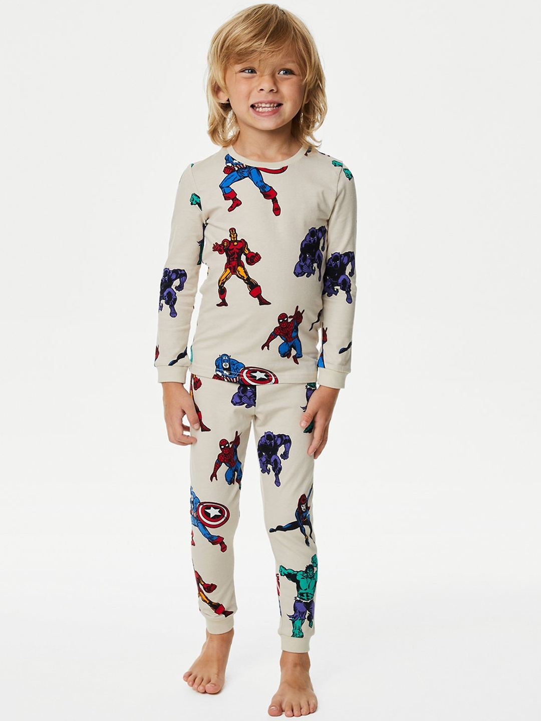 

Marks & Spencer Boys Avengers Printed Round Neck Night suit, Off white