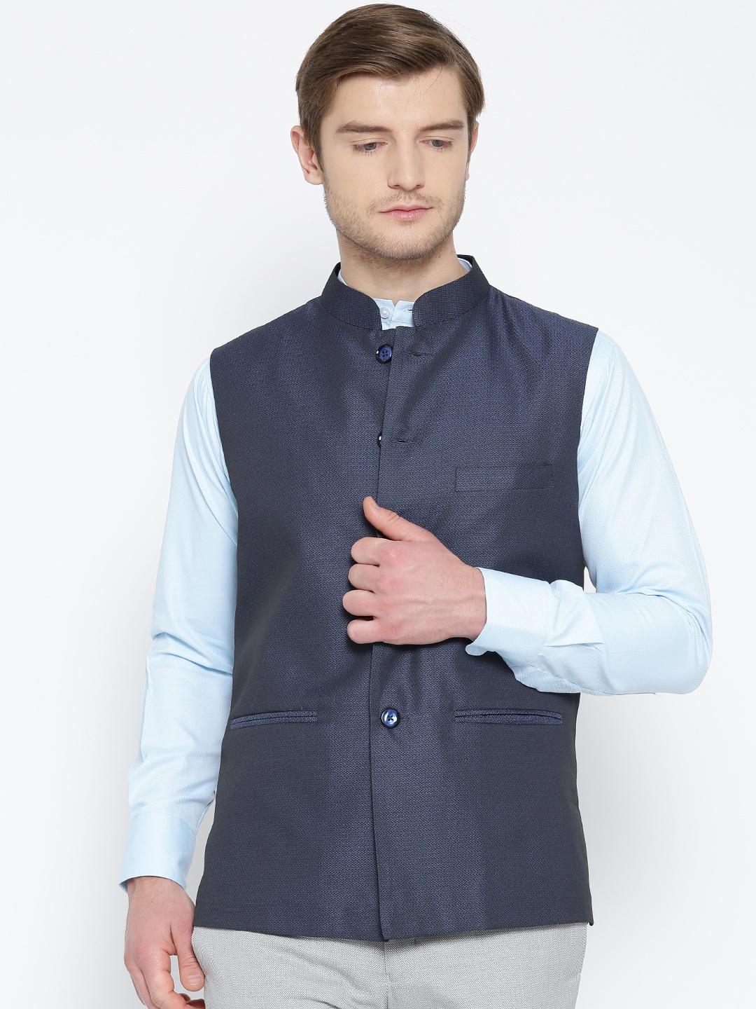 

Shaftesbury London Navy Patterned Nehru Jacket, Navy blue