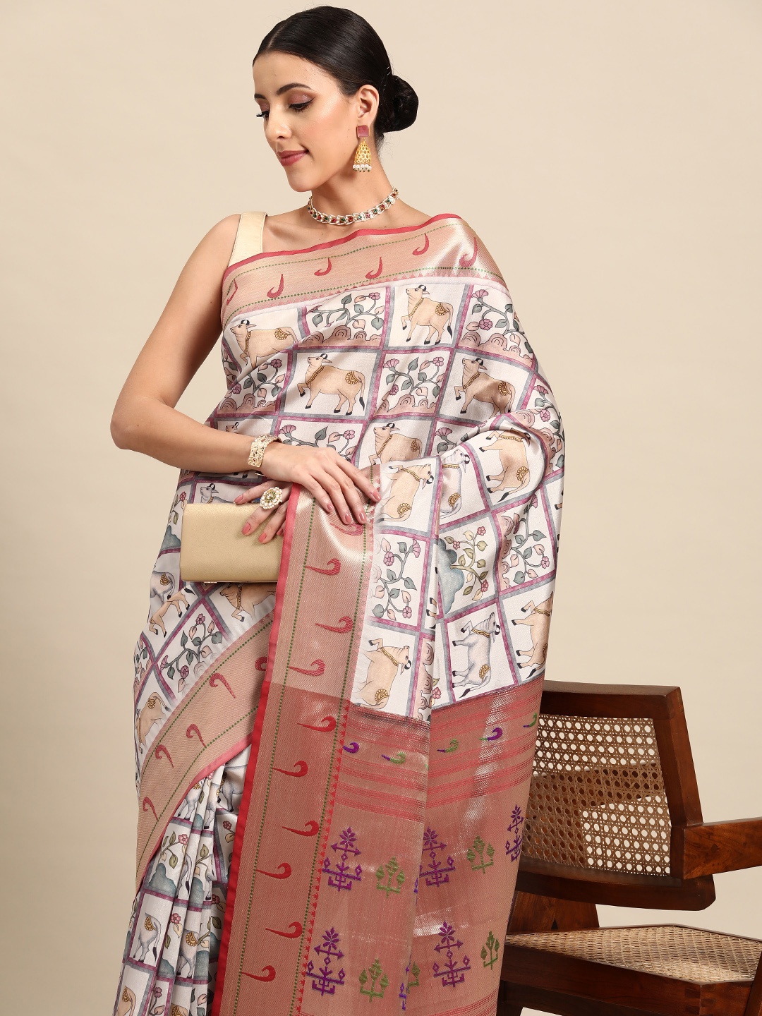 

Simaaya Ethnic Motifs Zari Art Silk Saree, Beige