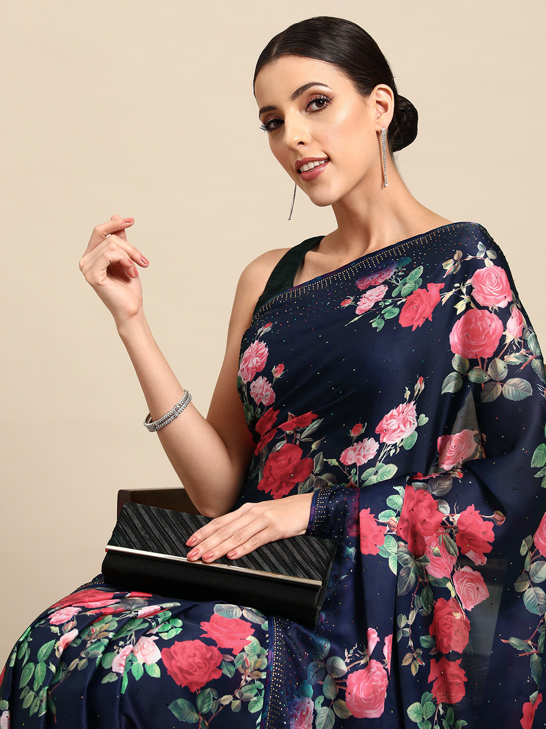 

Simaaya Floral Beads and Stones Satin Saree, Navy blue