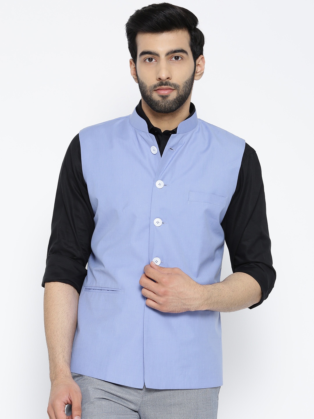 

Shaftesbury London Blue Solid Nehru Jacket