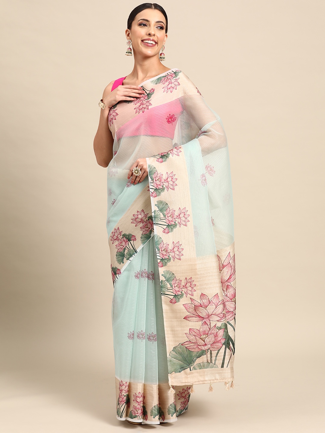 

Simaaya Floral Organza Saree, Turquoise blue