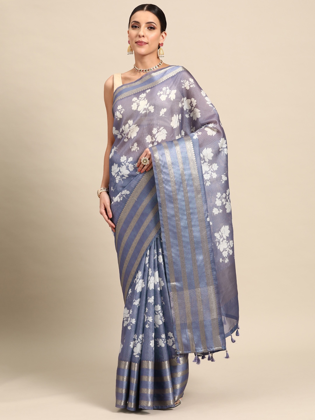 

Simaaya Floral Zari Kota Saree, Grey