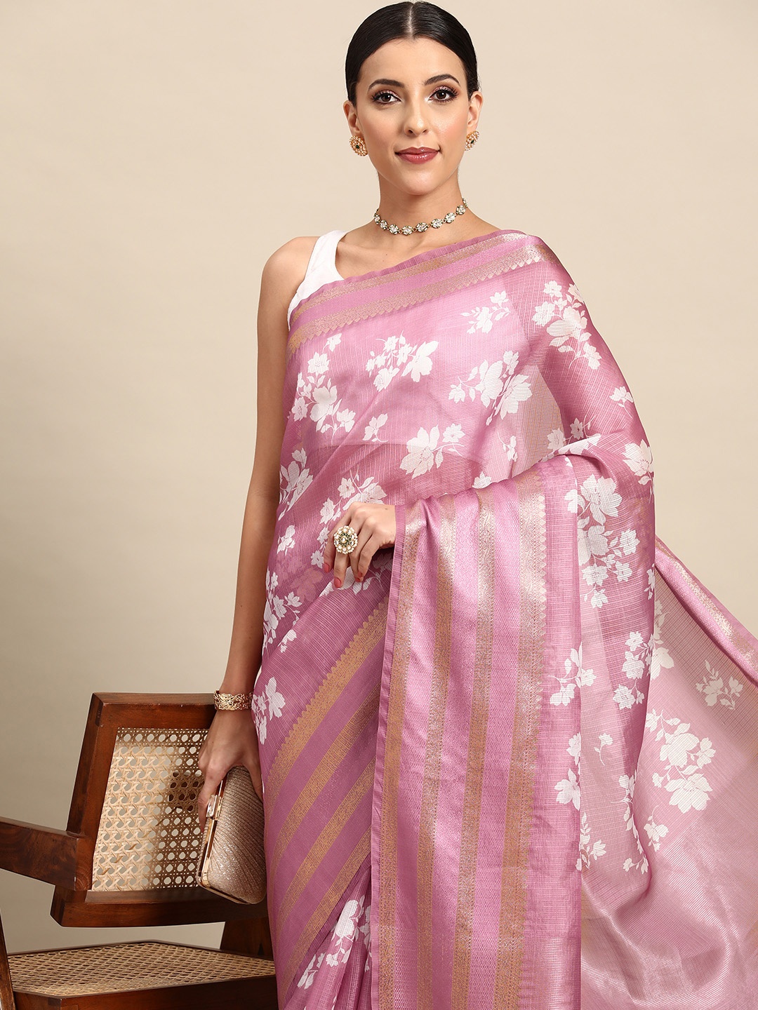 

Simaaya Floral Printed Zari Kota Saree, Pink