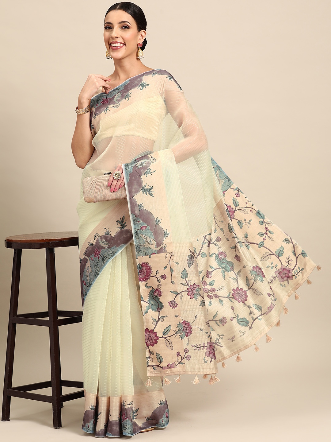 

Simaaya Striped Organza Saree, Beige