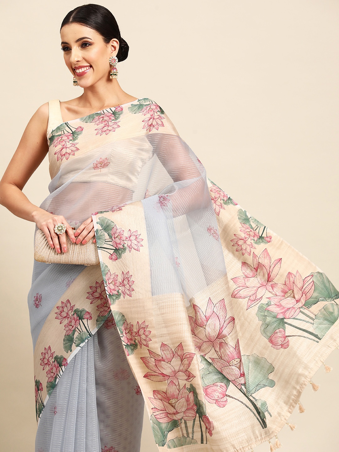 

Simaaya Floral Printed Organza Saree, Grey