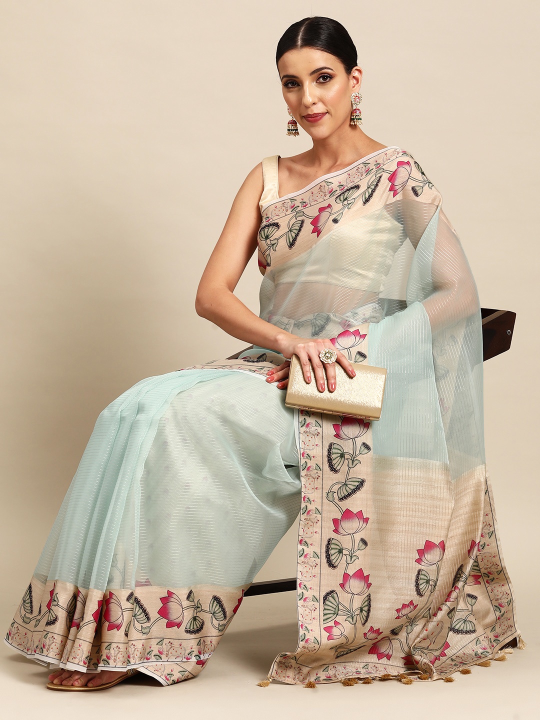 

Simaaya Striped Organza Saree, Sea green