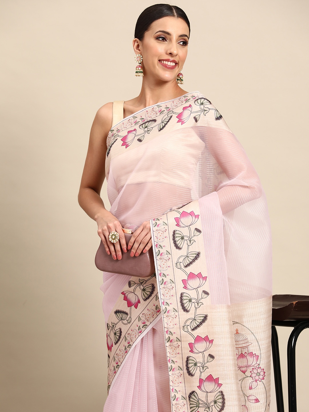 

Simaaya Striped Organza Saree, Pink