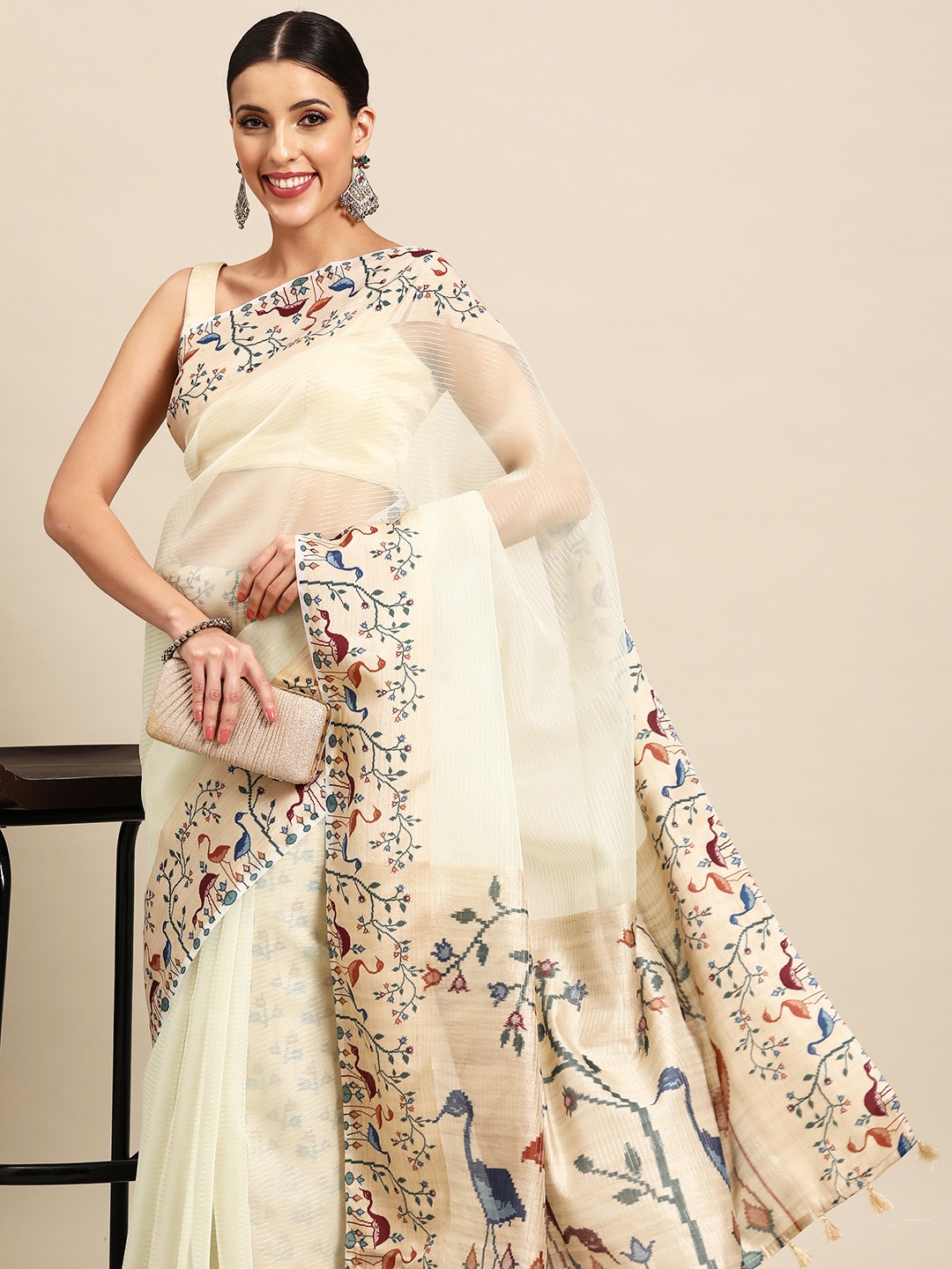 

Simaaya Striped Organza Saree, Beige