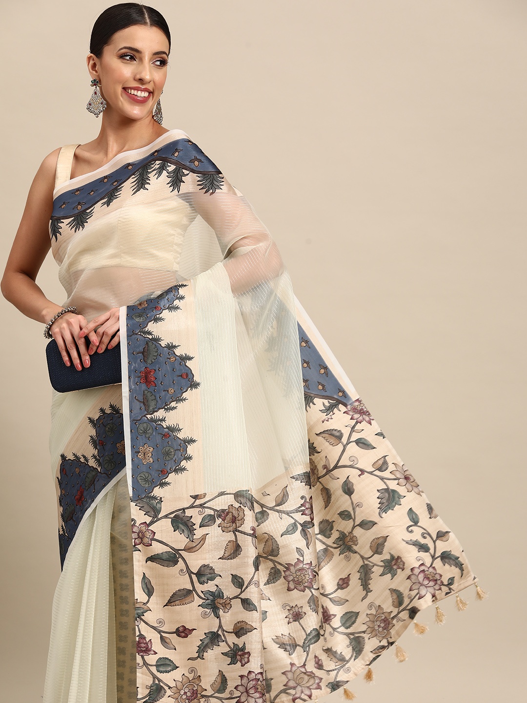 

Simaaya Striped Organza Saree, Beige